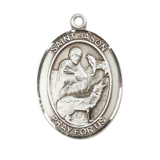 Mens Oval .925 Sterling Silver Saint St. Jason Medal Pendant on 24 Inch Rhodium Plated Heavy Curb Brass Chain with Lobster Claw clasp, Catholic Religious Necklace - Made in USA- Velvet Gift Box