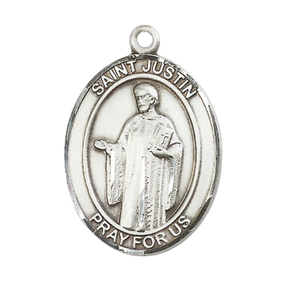 Women's Pewter Saint St. Justin Medal Pendant on 18 Inch Rhodium Plated Lite Curb Brass Chain with Lobster Claw Clasp, Available in 3 Sizes – Made in USA, Catholic Medal – Deluxe Velvet Gift Box