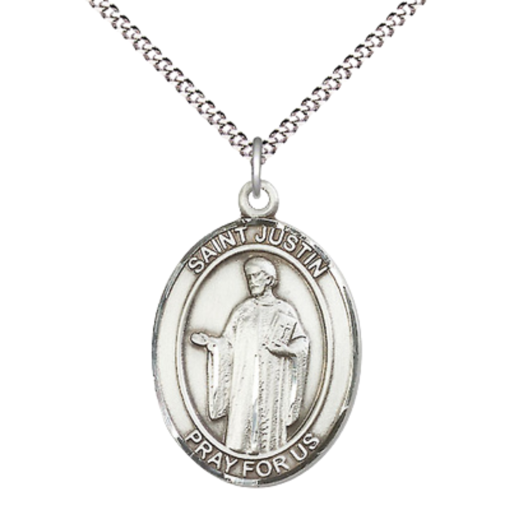 Women's Pewter Saint St. Justin Medal Pendant on 18 Inch Rhodium Plated Lite Curb Brass Chain with Lobster Claw Clasp, Available in 3 Sizes – Made in USA, Catholic Medal – Deluxe Velvet Gift Box