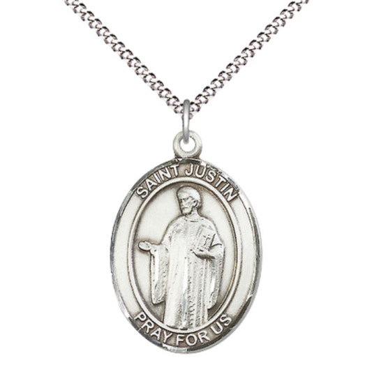 Women's Pewter Saint St. Justin Medal Pendant on 18 Inch Rhodium Plated Lite Curb Brass Chain with Lobster Claw Clasp, Available in 3 Sizes – Made in USA, Catholic Medal – Deluxe Velvet Gift Box