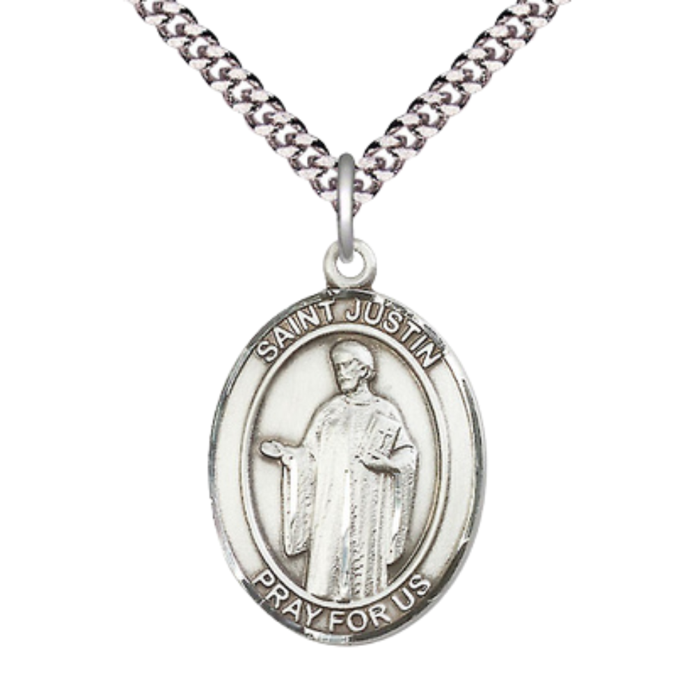 Saint St. Justin Medal Necklace – 24 Inch Endless Rhodium Plated Chain – Patron Saint St. of Philosophers & Lectures – Elegant Catholic Religious Jewelry in Velvet Gift Box