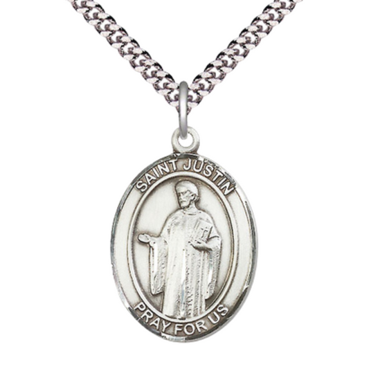Saint St. Justin Medal Necklace – 24 Inch Endless Rhodium Plated Chain – Patron Saint St. of Philosophers & Lectures – Elegant Catholic Religious Jewelry in Velvet Gift Box
