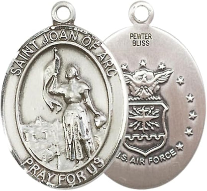 Women's Pewter Saint St. Joan of Arc Air Force Medal Pendant – 1" x ¾" – 18 Inch Rhodium Plated Lite Curb Brass Chain w/ Lobster Claw Clasp –Catholic Religious Necklace - Made in USA–Velvet Gift Box