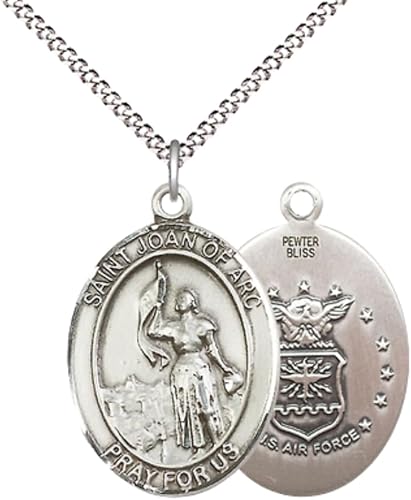 Women's Pewter Saint St. Joan of Arc Air Force Medal Pendant – 1" x ¾" – 18 Inch Rhodium Plated Lite Curb Brass Chain w/ Lobster Claw Clasp –Catholic Religious Necklace - Made in USA–Velvet Gift Box