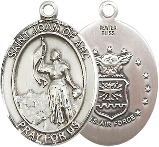Mens Oval Pewter Saint Joan of Arc Air Force Medal Pendant on 24" Rhodium Plated Heavy Curb Brass Chain with Lobster Claw clasp, Catholic Religious Necklace -Made in USA- Velvet Gift Box