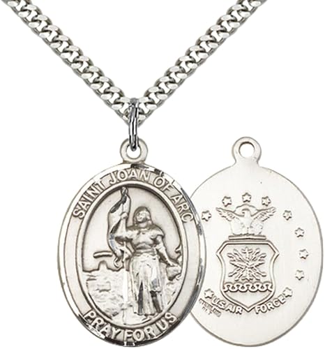 Men's Pewter Saint St. Joan of Arc Air Force Medal Pendant – 1" x ¾" – 24 Inch Endless Rhodium Plated Chain – Patron Saint St. of Soldiers & France – Christian Necklace, Catholic Medal – Velvet Gift Box Included