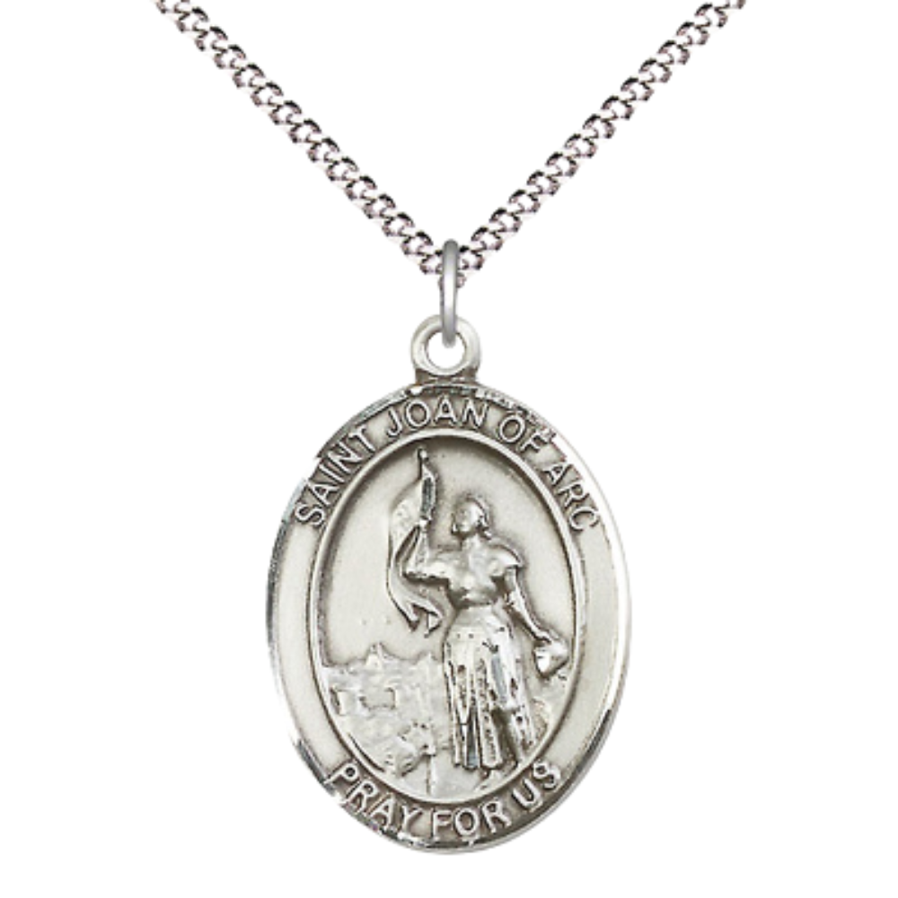 Women's .925 Sterling Silver Saint St. Joan of Arc Medal Pendant on 18 Inch Rhodium Plated Lite Curb Brass Chain with Lobster Claw Clasp, Catholic Religious Necklace - Made in USA- Deluxe Velvet Gift Box