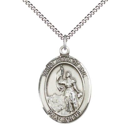 Women's .925 Sterling Silver Saint St. Joan of Arc Medal Pendant on 18 Inch Rhodium Plated Lite Curb Brass Chain with Lobster Claw Clasp, Catholic Religious Necklace - Made in USA- Deluxe Velvet Gift Box