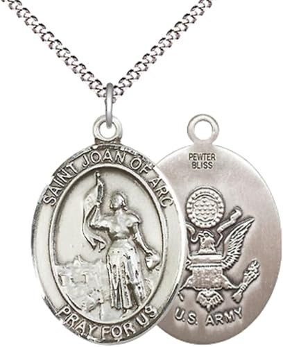Women's Pewter Saint St. Joan of Arc Army Medal Pendant – 1" x ¾" – 18 Inch Rhodium Plated Lite Curb Brass Chain with Lobster Claw Clasp – Catholic Religious Necklace, Made in USA- Velvet Gift Box
