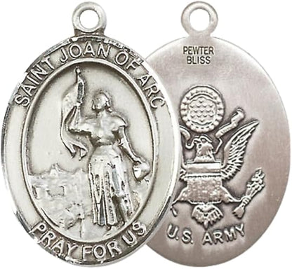 Men's Pewter Saint St. Joan of Arc Army Medal Pendant – 1" x ¾ – 24 Inch Endless Rhodium Plated Chain – Patron Saint St. of Soldiers & France – Christian Necklace, Catholic Medal – Velvet Gift Box Included