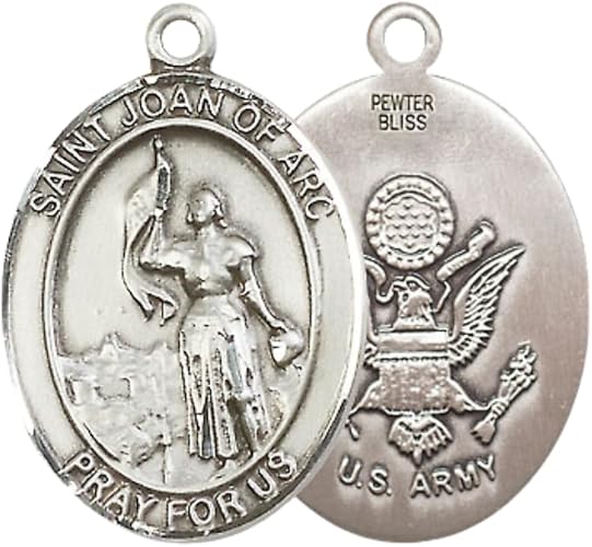 Mens Oval Pewter Saint St. Joan of Arc Army Medal Pendant on 24 Inch Rhodium Plated Heavy Curb Brass Chain with Lobster Claw clasp, Catholic Religious Necklace - Made in USA- Deluxe Velvet Gift Box