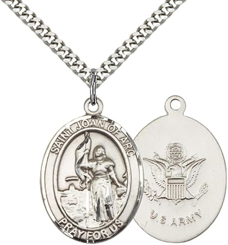 Mens Oval Pewter Saint St. Joan of Arc Army Medal Pendant on 24 Inch Rhodium Plated Heavy Curb Brass Chain with Lobster Claw clasp, Catholic Religious Necklace - Made in USA- Deluxe Velvet Gift Box