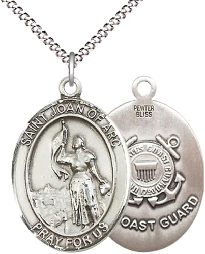 Women's Pewter Saint St. Joan of Arc Coast Guard Medal – 1" x ¾ – 18 Inch Rhodium Lite Curb Chain with Lobster Clasp – Patron of Soldiers & France – Catholic Christian Necklace with Velvet Gift Box