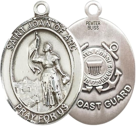 Mens Oval Pewter Saint Joan of Arc Coast Guard Medal Pendant on 24" Rhodium Plated Heavy Curb Brass Chain with Lobster Claw clasp, Catholic Religious Necklace -Made in USA- Velvet Gift Box