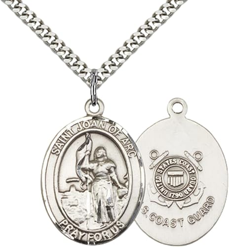 Mens Oval Pewter Saint Joan of Arc Coast Guard Medal Pendant on 24" Rhodium Plated Heavy Curb Brass Chain with Lobster Claw clasp, Catholic Religious Necklace -Made in USA- Velvet Gift Box