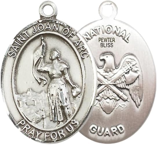 Mens Pewter Saint St. Joan of Arc National Guard Medal Pendant on 24 Inch Rhodium Plated Heavy Curb Brass Chain with Lobster Claw clasp, Catholic Religious Necklace - Made in USA- Velvet Gift Box