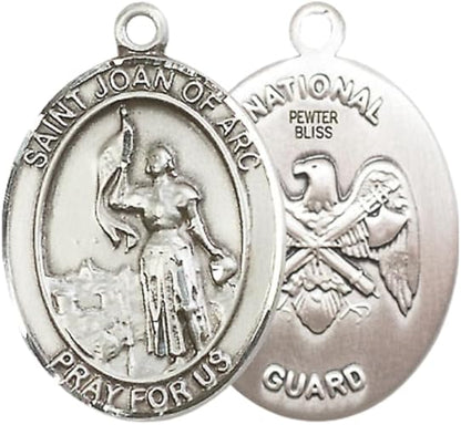 Mens Pewter Saint St. Joan of Arc National Guard Medal Pendant on 24 Inch Rhodium Plated Heavy Curb Brass Chain with Lobster Claw clasp, Catholic Religious Necklace - Made in USA- Velvet Gift Box