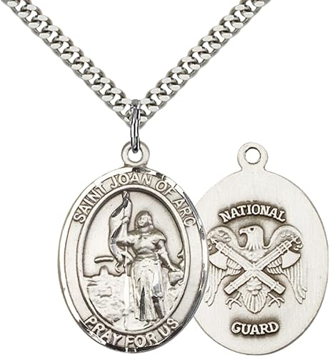 Mens Pewter Saint St. Joan of Arc National Guard Medal Pendant on 24 Inch Rhodium Plated Heavy Curb Brass Chain with Lobster Claw clasp, Catholic Religious Necklace - Made in USA- Velvet Gift Box