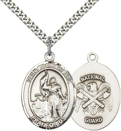 Mens Pewter Saint St. Joan of Arc National Guard Medal Pendant on 24 Inch Rhodium Plated Heavy Curb Brass Chain with Lobster Claw clasp, Catholic Religious Necklace - Made in USA- Velvet Gift Box