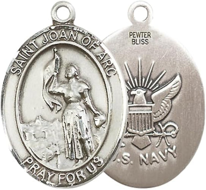 Women's Pewter Saint St. Joan of Arc Navy Medal Pendant – 1" x ¾" – 18 Inch Rhodium Plated Lite Curb Brass Chain with Lobster Claw Clasp – Catholic Religious Necklace, Made in USA- Velvet Gift Box