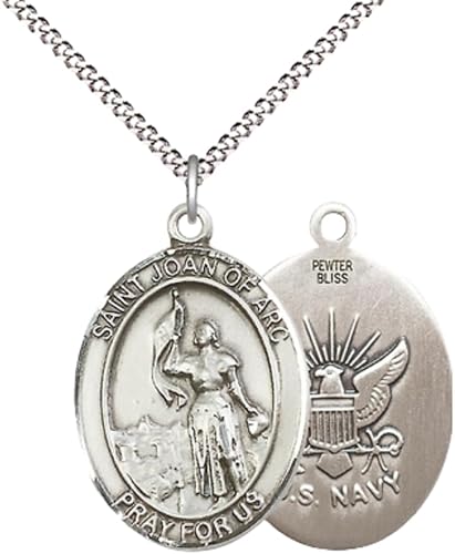 Women's Pewter Saint St. Joan of Arc Navy Medal Pendant – 1" x ¾" – 18 Inch Rhodium Plated Lite Curb Brass Chain with Lobster Claw Clasp – Catholic Religious Necklace, Made in USA- Velvet Gift Box
