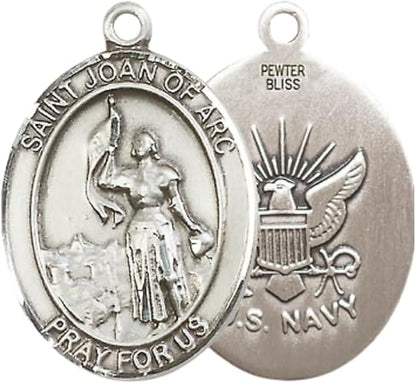 Mens Oval Pewter Saint St. Joan of Arc Navy Medal Pendant on 24 Inch Rhodium Plated Heavy Curb Brass Chain with Lobster Claw clasp, Catholic Religious Necklace - Made in USA- Deluxe Velvet Gift Box