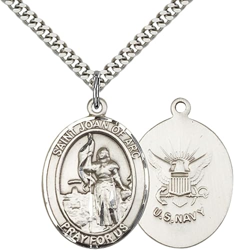 Mens Oval Pewter Saint St. Joan of Arc Navy Medal Pendant on 24 Inch Rhodium Plated Heavy Curb Brass Chain with Lobster Claw clasp, Catholic Religious Necklace - Made in USA- Deluxe Velvet Gift Box