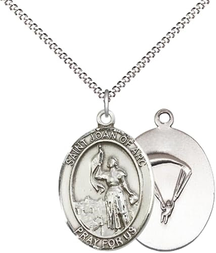 Women's Pewter Saint St. Joan of Arc Navy Medal Pendant Necklace – 1" x ¾" – 18 Inch Rhodium Plated Lite Curb Brass Chain with Lobster Claw Clasp, Catholic Medal - Patron Saint. of Soldiers & France– Velvet Gift Box