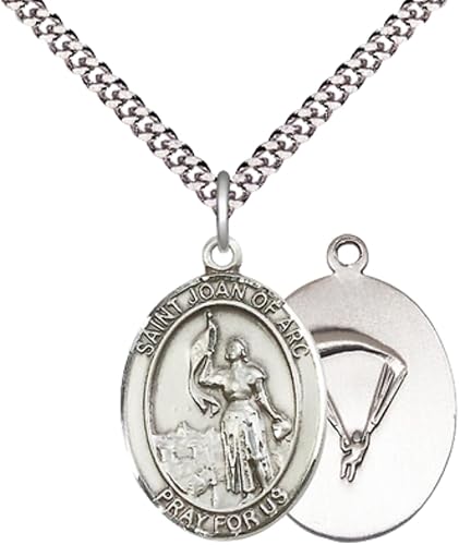 Men's Pewter Saint St. Joan of Arc Paratrooper Medal Pendant – 1" x ¾" – 24 Inch Endless Rhodium Plated Chain – Patron Saint St. of Soldiers & France – Christian Necklace, Catholic Medal – Velvet Gift Box Included