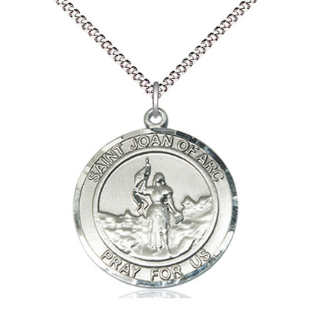 Women's Pewter Saint St. Joan of Arc Large Medal Pendant on 18 Inch Rhodium Plated Lite Curb Brass Chain with Lobster Claw Clasp, Catholic Religious Necklace - Made in USA- Deluxe Velvet Gift Box