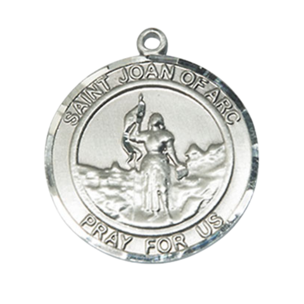 Women's Pewter Saint St. Joan of Arc Large Medal Pendant on 18 Inch Rhodium Plated Lite Curb Brass Chain with Lobster Claw Clasp, Catholic Religious Necklace - Made in USA- Deluxe Velvet Gift Box