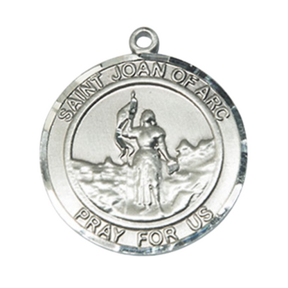 Mens 1 x 7/8" Round Pewter Saint St. Joan of Arc Medal Pendant on 24 Inch Rhodium Plated Heavy Curb Brass Chain with Lobster Claw clasp, Catholic Religious Necklace - Made in USA- Velvet Gift Box