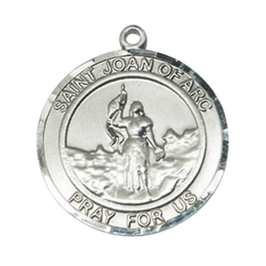 Mens .925 Sterling Silver Saint St. Joan of Arc Medal Pendant on 24 inch Rhodium Plated Heavy Curb Brass Chain with Lobster Claw clasp, Catholic Religious Necklace - Made in USA- Velvet Gift Box