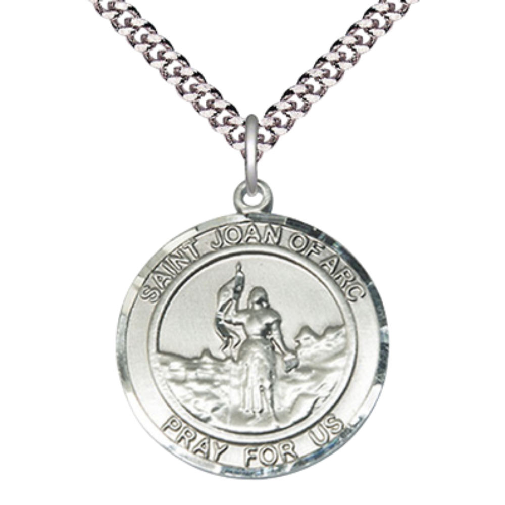 Mens 1 x 7/8" Round Pewter Saint St. Joan of Arc Medal Pendant on 24 Inch Rhodium Plated Heavy Curb Brass Chain with Lobster Claw clasp, Catholic Religious Necklace - Made in USA- Velvet Gift Box
