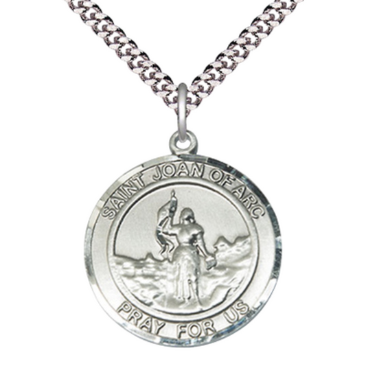 Everlasting Light Jewelry Men's Pewter Saint St. Joan of Arc Medal Pendant Christian Necklace – 1" x ? – 24 Inch Endless Rhodium Plated Chain – Patron Saint St. of Soldiers & France, Catholic Medal – Velvet Gift Box Included