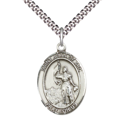Everlasting Light Jewelry Saint Joan of Arc Medal Necklace – Men's Pewter Pendant with 24-Inch Endless Rhodium Plated Chain – Patron Saint of Soldiers & France – Velvet Gift Box Included