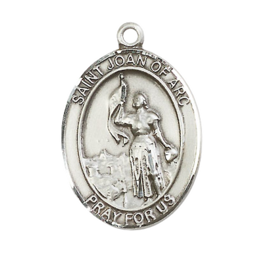 Mens .925 Sterling Silver Saint St. Joan of Arc Medal Pendant on 24 Inch Rhodium Plated Heavy Curb Brass Chain with Lobster Claw clasp, Catholic Religious Necklace - Made in USA- Velvet Gift Box