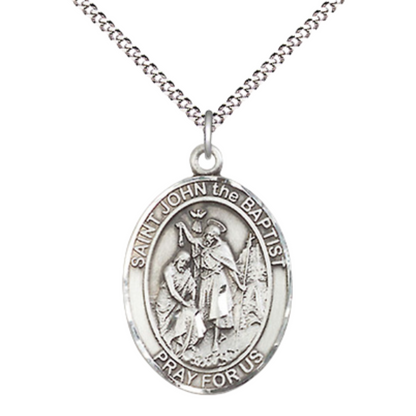 Women's .925 Sterling Silver Saint St. John the Baptist Medal Pendant on 18 Inch Rhodium Plated Lite Curb Brass Chain w/ Lobster Claw Clasp, Catholic Religious Necklace - Made in USA- Deluxe Velvet Gift Box