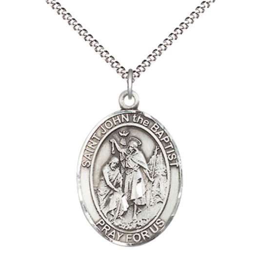 Women's .925 Sterling Silver Saint St. John the Baptist Medal Pendant on 18 Inch Rhodium Plated Lite Curb Brass Chain w/ Lobster Claw Clasp, Catholic Religious Necklace - Made in USA- Deluxe Velvet Gift Box
