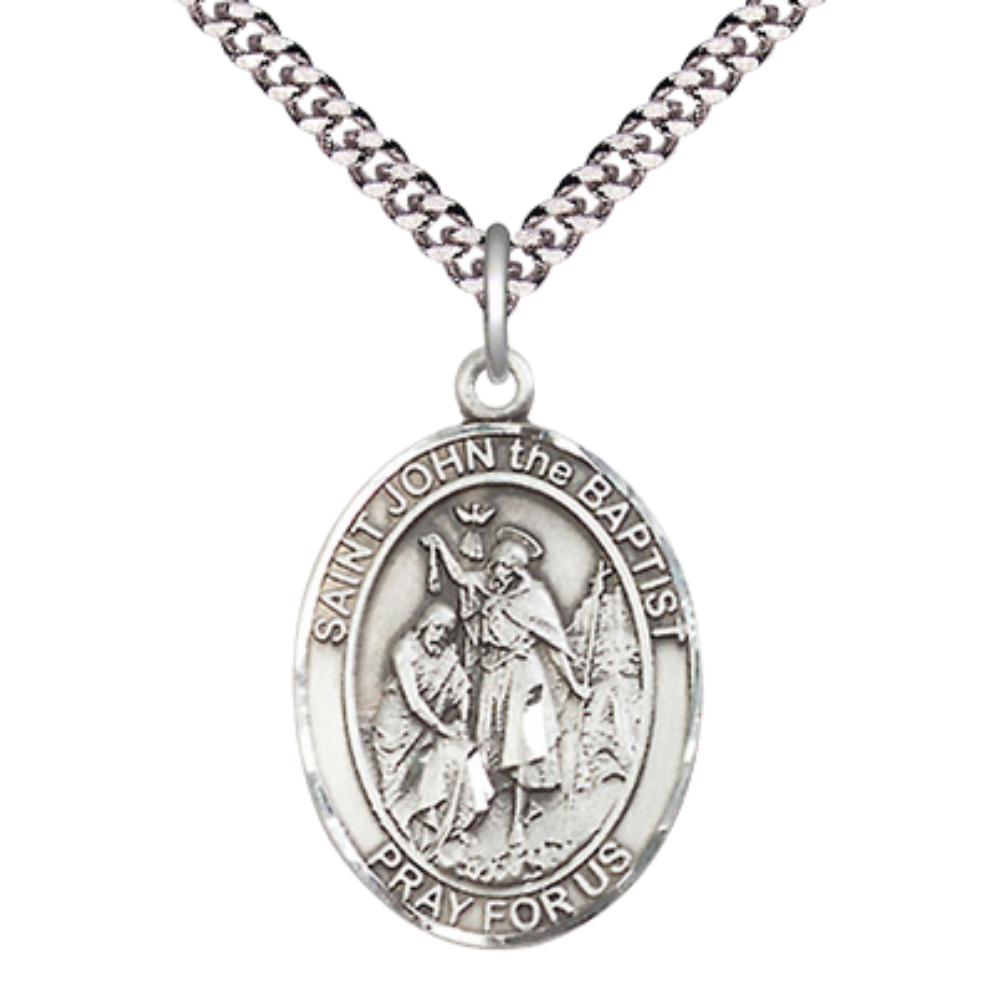 Everlasting Light Jewelry Saint St. John the Baptist Men's Pewter Medal Necklace, Catholic Medal - Patron Saint. of Auto Routes & Road Workers – 24 Inch Endless Rhodium Plated Chain – Velvet Gift Box