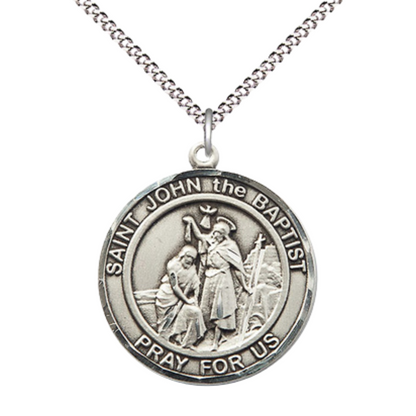 Women's .925 Sterling Silver Saint St. John the Baptist Medal Pendant on 18 Inch Rhodium Plated Lite Curb Brass Chain w/ Lobster Claw Clasp, Catholic Religious Necklace - Made in USA- Deluxe Velvet Gift Box