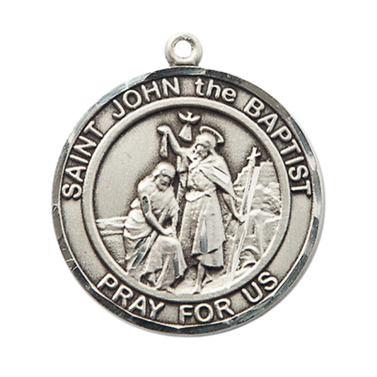 Mens .925 Sterling Silver Saint St. John the Baptist Medal Pendant on 24 Inch Rhodium Plated Heavy Curb Brass Chain with Lobster Claw clasp, Catholic Religious Necklace - Made in USA- Velvet Gift Box