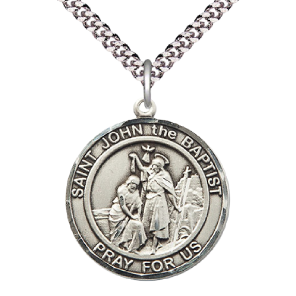 Men's .925 Sterling Silver Saint St. John the Baptist Medal Pendant Christian Necklace – 1" x ?" – 24 Inch Endless Rhodium Plated Chain – Patron Saint St. of Auto Routes & Road Workers, Catholic Medal – Velvet Gift Box Included