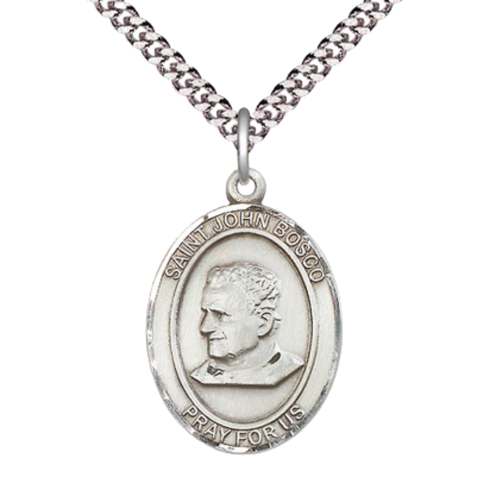 Everlasting Light Jewelry Saint St. John Bosco Men's Pewter Medal Necklace, Catholic Medal - Patron Saint. of Students & Apprentices – 24 Inch Endless Rhodium Plated Chain – Velvet Gift Box