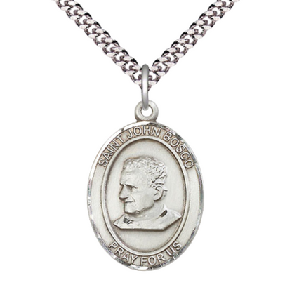 Everlasting Light Jewelry Saint St. John Bosco Men's Pewter Medal Necklace, Catholic Medal - Patron Saint. of Students & Apprentices – 24 Inch Endless Rhodium Plated Chain – Velvet Gift Box