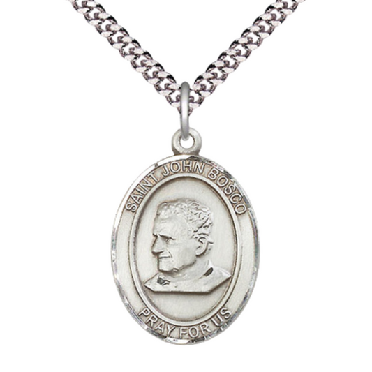 Everlasting Light Jewelry Saint St. John Bosco Men's Pewter Medal Necklace, Catholic Medal - Patron Saint. of Students & Apprentices – 24 Inch Endless Rhodium Plated Chain – Velvet Gift Box