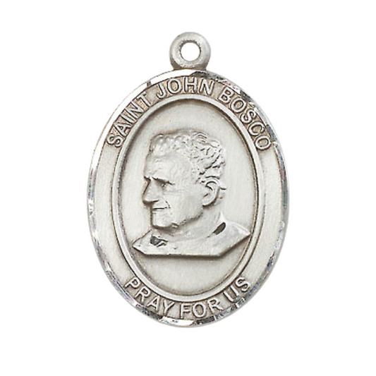Mens .925 Sterling Silver Saint St. John Bosco Medal Pendant on 24 Inch Rhodium Plated Heavy Curb Brass Chain with Lobster Claw clasp, Catholic Religious Necklace - Made in USA- Velvet Gift Box