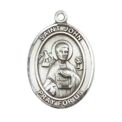 Women's .925 Sterling Silver Saint St. John the Apostle Medal Pendant on 18 Inch Rhodium Plated Lite Curb Brass Chain w/ Lobster Claw Clasp, Catholic Religious Necklace - Made in USA- Deluxe Velvet Gift Box