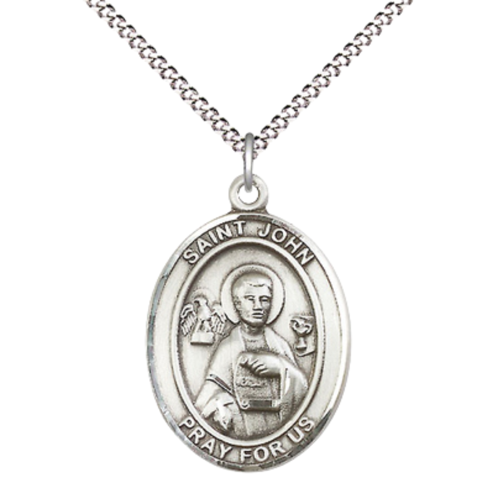 Women's .925 Sterling Silver Saint St. John the Apostle Medal Pendant on 18 Inch Rhodium Plated Lite Curb Brass Chain w/ Lobster Claw Clasp, Catholic Religious Necklace - Made in USA- Deluxe Velvet Gift Box