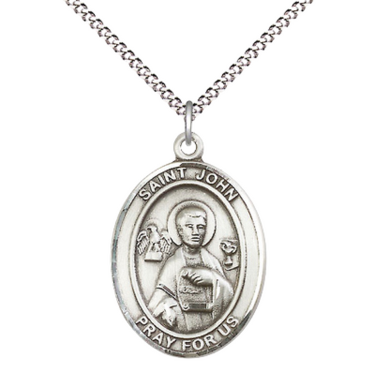 Women's .925 Sterling Silver Saint St. John the Apostle Medal Pendant on 18 Inch Rhodium Plated Lite Curb Brass Chain w/ Lobster Claw Clasp, Catholic Religious Necklace - Made in USA- Deluxe Velvet Gift Box